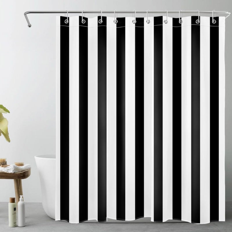 LB Black and White Shower Curtain,Striped Bathroom Curtain,60x72 inch Waterproof Polyester Fabric,Fashion Bath Decor,Ring Hooks Included - Image 2
